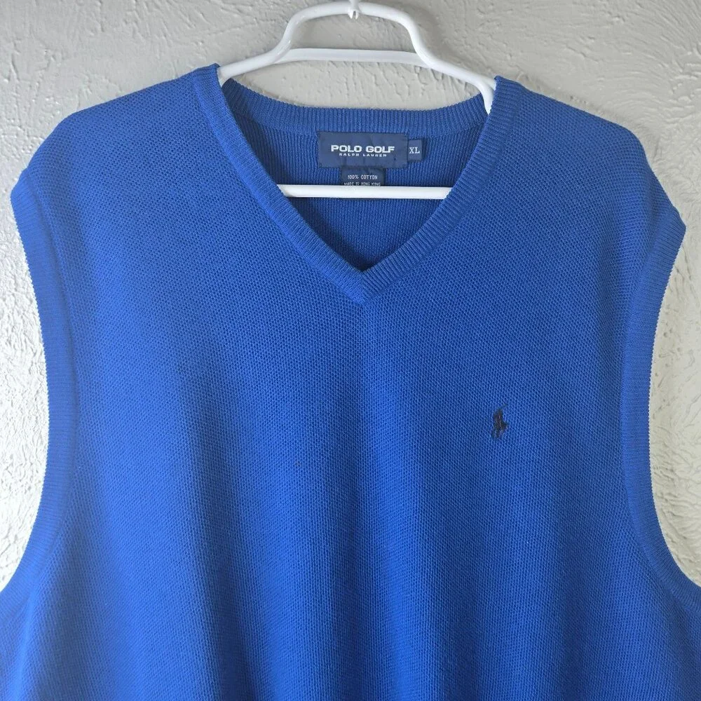 Polo Golf Ralph Lauren V-Neck Sweater Vest XL Blue Cotton Knit Logo Pony Preppy - Picture 4 of 10